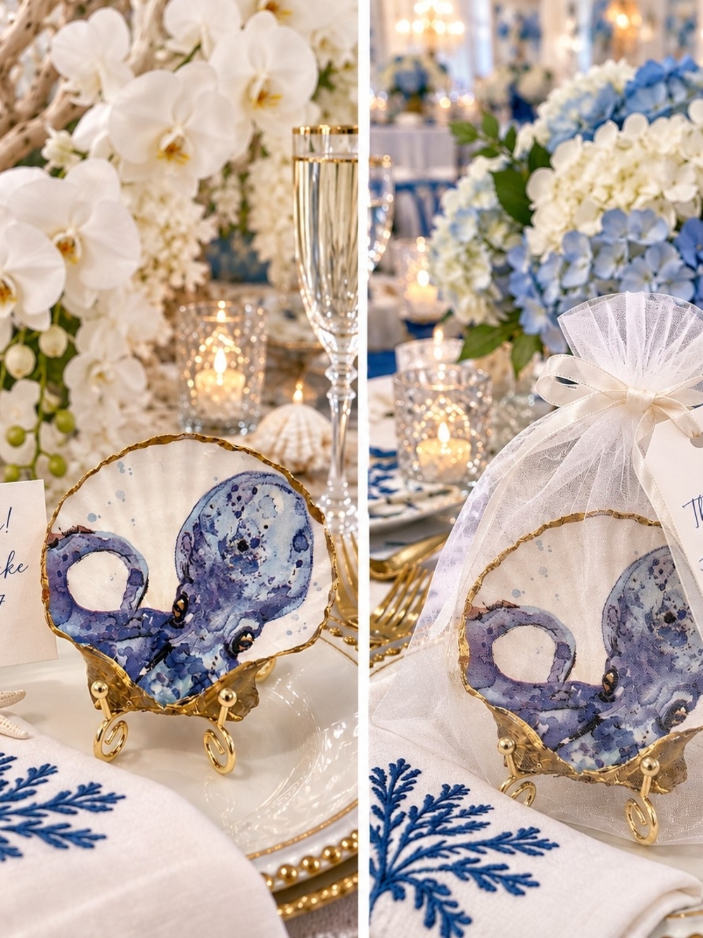 Coastal Octopus Decorative Scallop Shell Wedding Favor Or Jewlery Dish - Blue
